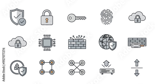 Cybersecurity Icons Set: Protection, Data, Network, Access, and Technology