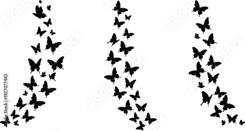 Elegant black silhouettes of diverse butterflies in flight, creating whimsical and ethereal patterns, perfect for nature, freedom, and transformation concepts, isolated on white