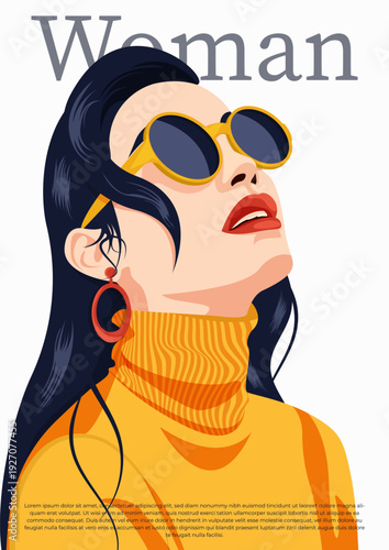 A portrait of a woman with sweater and sunglasses. Poster