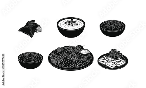 Black and white illustration of various middle eastern food dishes