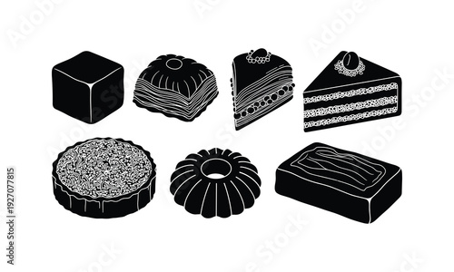Black and white illustration of various dessert slices and a round tart