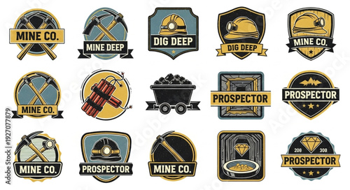 Collection of vintage mining company logos and emblems with various designs and text.