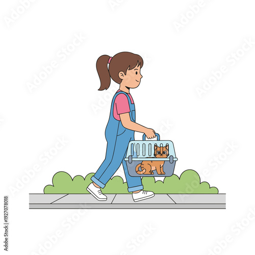 Girl walking and carrying kitten inside pet carrier on sidewalk concept of responsible pet care and veterinary visit