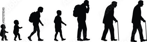 Evolution of Human Life Stages, From Toddler to Elderly, Silhouette Series Depicting Growth, Maturity, and Aging with Different Life Phases, Ideal for Educational, Health, and Lifestyle Content