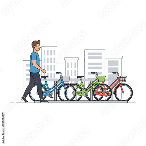 Man walking past colorful bicycles parked at city bike stand with skyline background concept of urban commuting and eco transport
