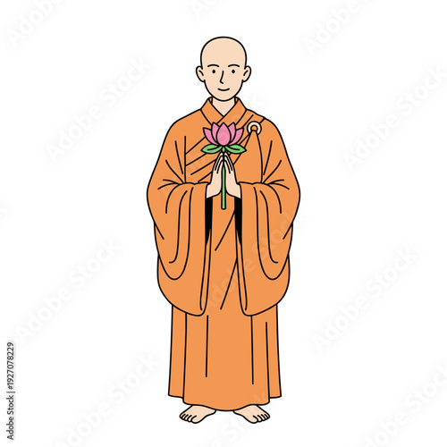 Buddhist monk in orange robe holding pink lotus in prayer gesture concept of spirituality peace and meditation practice