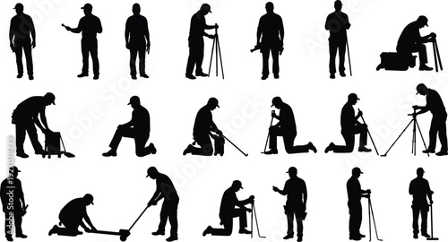  Extensive collection of male worker silhouettes in various poses, including standing, kneeling, and using tools, depicting labor, construction, and outdoor work activities, isolated on white