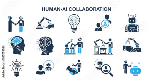 Human AI Collaboration Technology and Innovation Icons Set