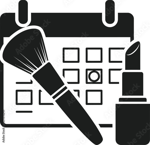 A calendar with a makeup brush and lipstick on a white background is displayed.