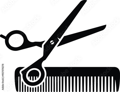 A simple black graphic of scissors cutting hair with a comb
