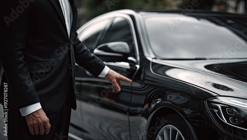 Chauffeur Opening Door of Luxury Black Car for VIP Client.