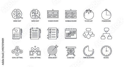 Business Planning & Productivity Icons: Mind Map, To Do List, Calendar, Timer, Goals