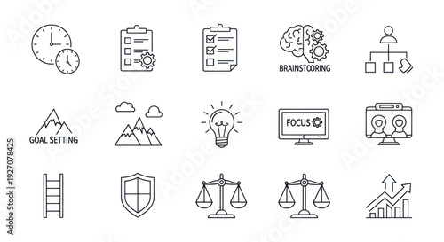 Business Strategy Icons: Goal Setting, Brainstorming, Planning, Focus, Teamwork