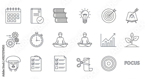 Business Strategy Icons: Planning, Growth, Meditation, Focus, and Ideas