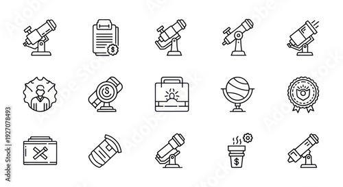Business Vision Icons: Telescope, Finance, Strategy, Awards, Globe
