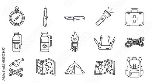 Camping and Hiking Gear Icons - Adventure Equipment Line Art
