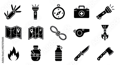 Camping Gear Icons: Survival Tools, Navigation, Safety, and Fire