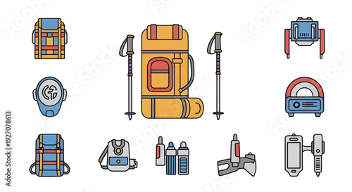 Camping Gear Flat Icons: Backpacks, Trekking Poles, Water Bottles, Headlamp