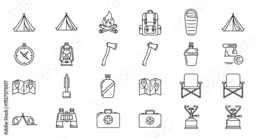 Camping Gear Icons Set: Tent, Backpack, Sleeping Bag, Fire, Axe, Map, Compass