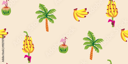 Seamless tropical pattern with palms and coconut banana cocktails