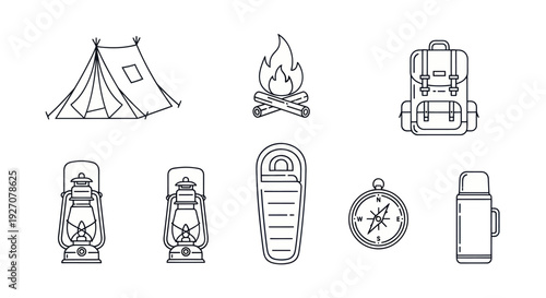 Camping Gear Icons: Tent, Backpack, Lantern, Fire, Sleeping Bag, Compass