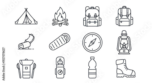 Camping Gear Icons: Tent, Backpack, Lantern, Sleeping Bag, Compass