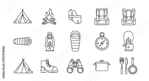 Camping Gear Icons: Tent, Fire, Backpack, Sleeping Bag, Compass, Lantern, Boots, Binoculars