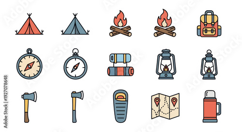 Camping Icons Set: Tent, Backpack, Compass, Fire, Axe, Map, Sleeping Bag