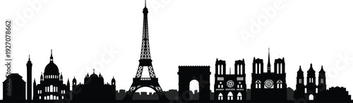 Famous Paris skyline silhouette with Eiffel Tower, historical monuments, landmarks, black vector cityscape illustration for tourism, travel, architecture design
