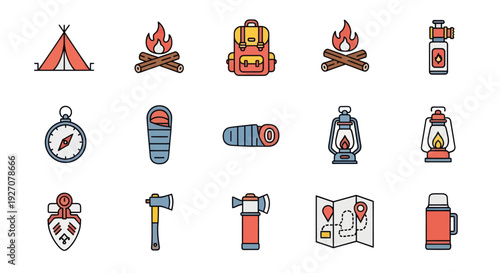 Camping Icons Set: Tent, Fire, Backpack, Sleeping Bag, Compass, Axe, Lantern