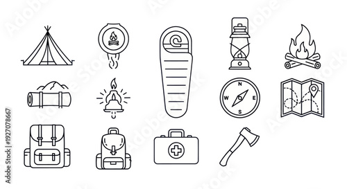 Camping Icons Set: Tent, Sleeping Bag, Compass, Axe, Backpack, Lantern, Map