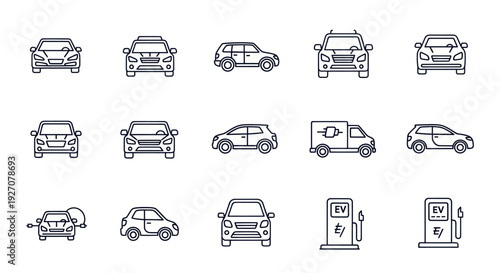 Car Icons Collection: Modern Vehicles, Electric Cars, and Charging Stations