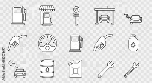 Gas station and automotive tools illustration on transparent background.