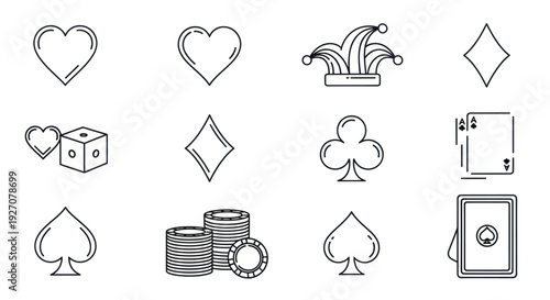 Casino Card Suits, Dice, Jester Hat, and Chips - Line Art Icons