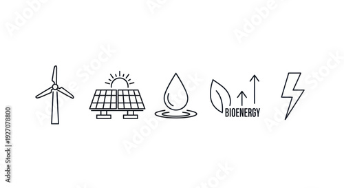 Clean Energy Icons: Wind Turbine, Solar Panel, Water Drop, Bioenergy, Lightning Bolt