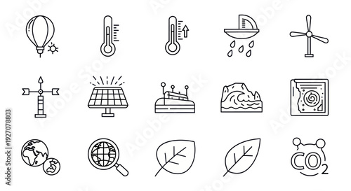Climate Change Icons: Global Warming, Renewable Energy, Weather & Ecology Symbols