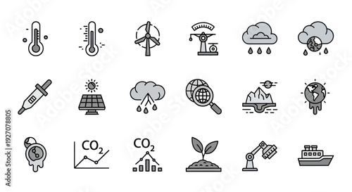 Climate Change Icons: Global Warming, Renewable Energy, Pollution, Ecology