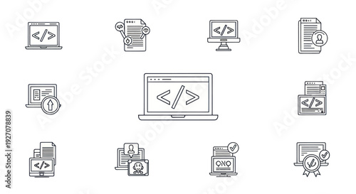 Coding and Development Icons: Laptop, Code, Files, Data, Analytics, UI, UX, Web Design