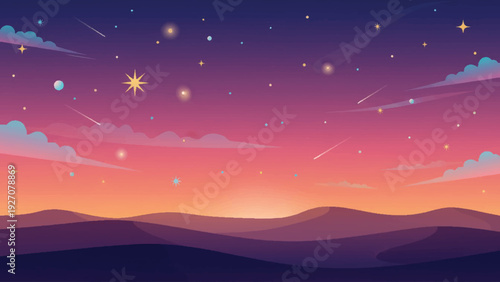Sunset sky landscape background for game design, fantasy world scenery, animation backdrop, digital art project, evening atmosphere illustration, nature horizon wallpaper