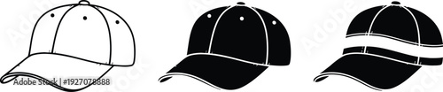 A collection of three different styles of baseball caps displayed in black and white