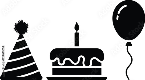 Black and white illustration of birthday icons including a party hat cake and balloon vector illustration