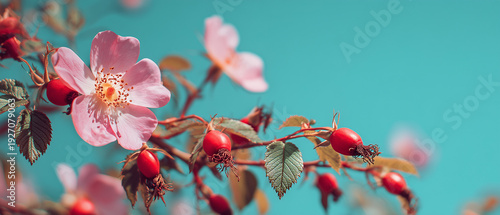 Beautiful spring border  blooming rose bush on a blue background. Flowering rose hips against the blue sky. Soft selective focus