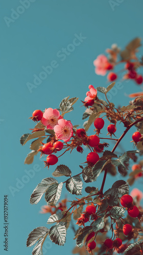 Beautiful spring border  blooming rose bush on a blue background. Flowering rose hips against the blue sky. Soft selective focus