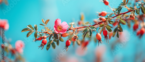 Beautiful spring border  blooming rose bush on a blue background. Flowering rose hips against the blue sky. Soft selective focus