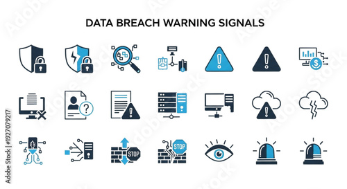 Cybersecurity Data Breach Warning Signals and Threat Alerts Icons
