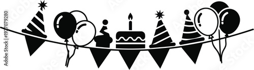 Black and white illustration of birthday party icons on a string vector illustration