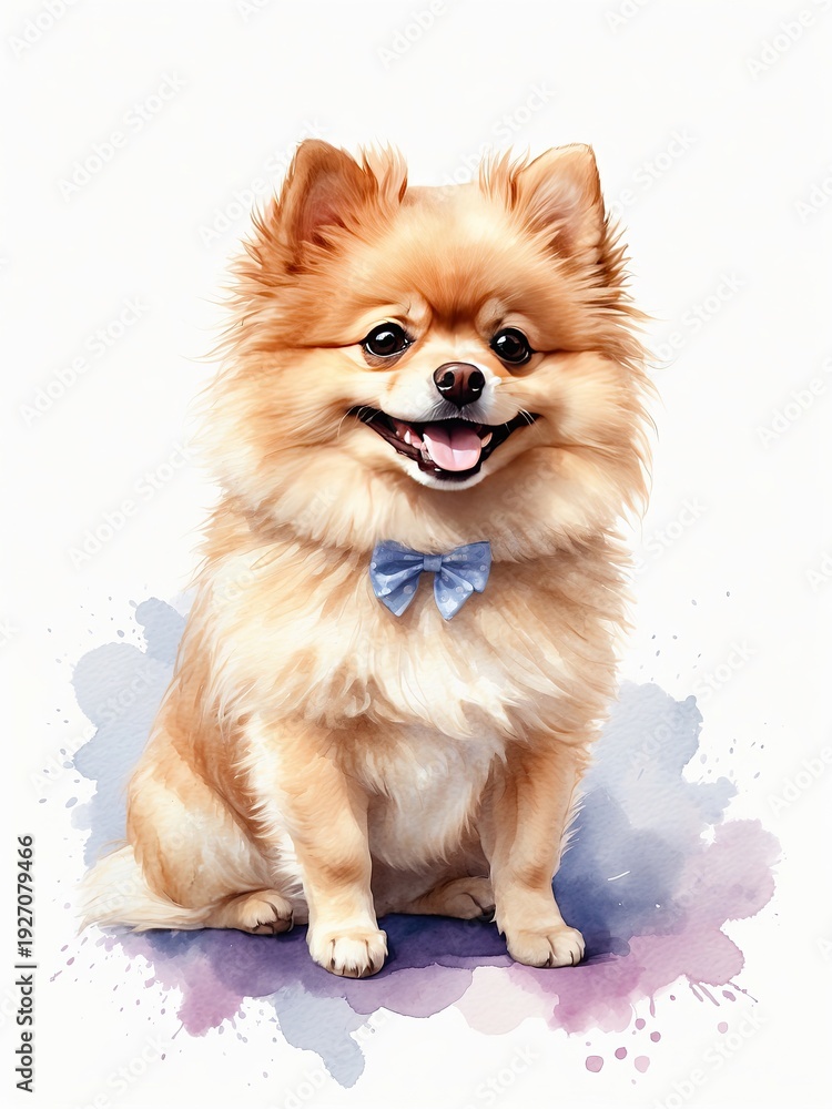 Obraz premium Hand-drawn pomeranian smiling, wearing bow, watercolor ? for stylish gifts, pet online shop, animal magazine, school notebook.
