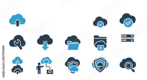 Modern vector icons representing cloud computing, data storage, network infrastructure, and cybersecurity services for digital solutions