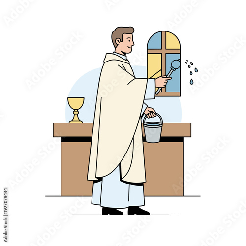 Christian priest sprinkling holy water during church ceremony near altar and chalice concept of faith blessing and religious ritual