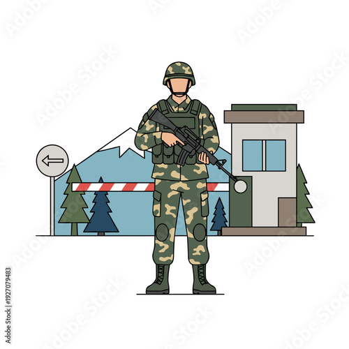 Armed soldier standing guard at security checkpoint with barrier and mountains background concept of military protection and national defense